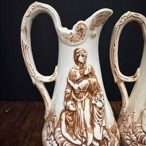 Vtg MCM Ceramic Pitcher Set (2) - Handmade Relief Scene - Dated 1961 & 1962